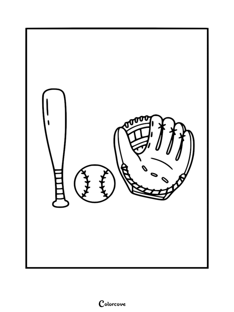 A cute baseball coloring page featuring a simple wooden bat, a stitched baseball, and a fielder's glove.