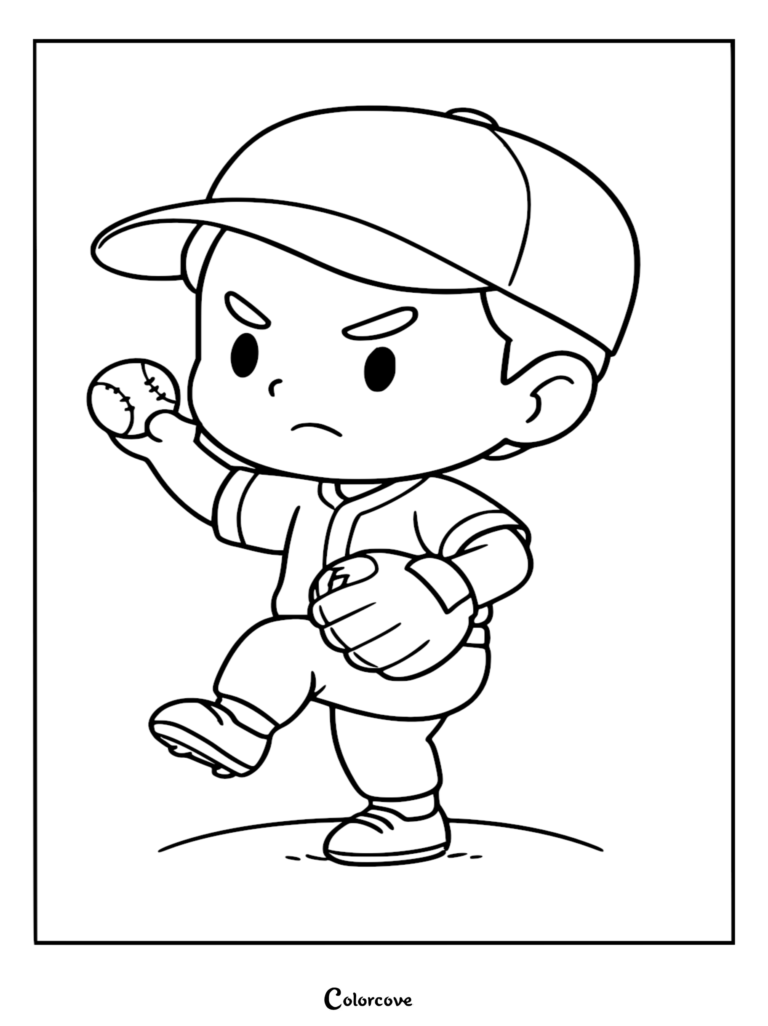 Chibi baseball player wearing a cap and uniform, preparing to throw a baseball while wearing a glove, coloring page style.