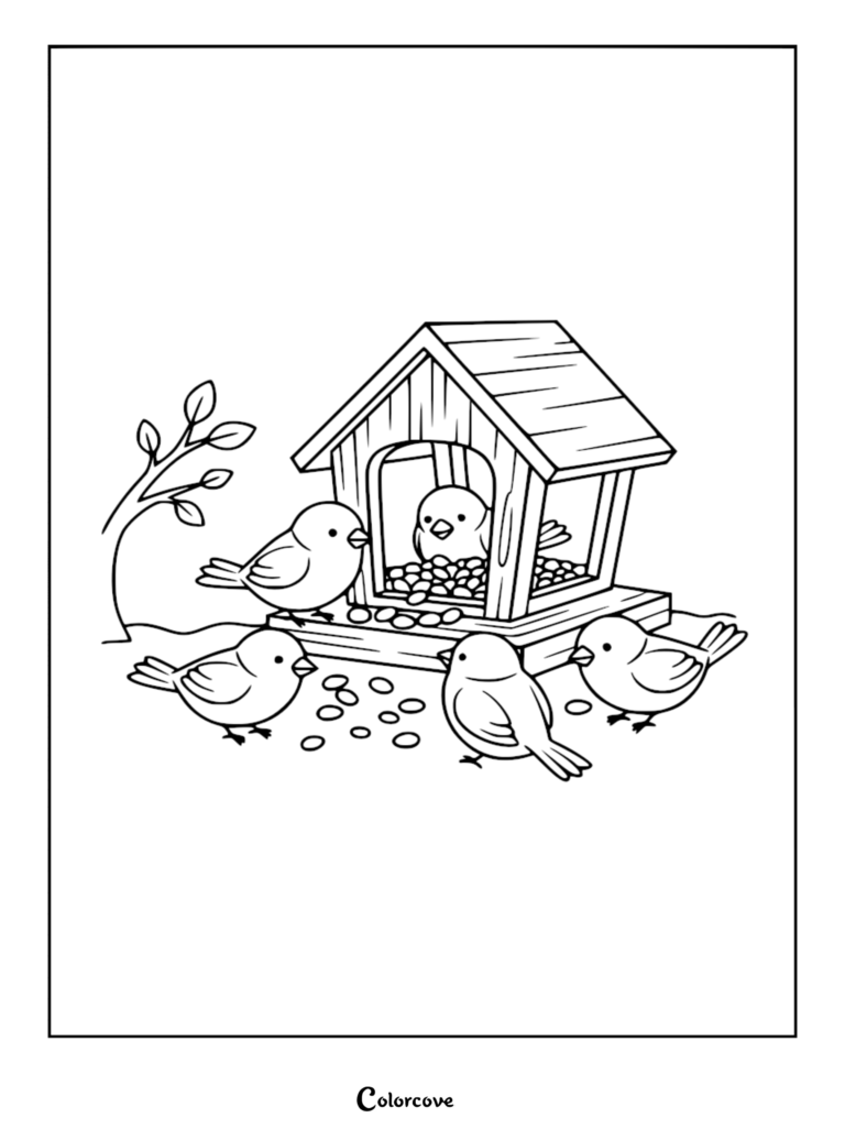 Detailed line art coloring page of five round birds eating seeds around a wooden birdhouse feeder.