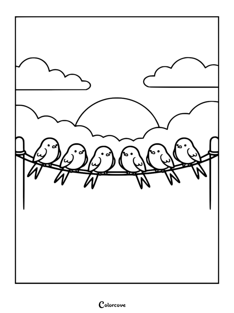 Detailed line art coloring page of six cute birds with pointed tails perched on a wire between two posts under a sun.