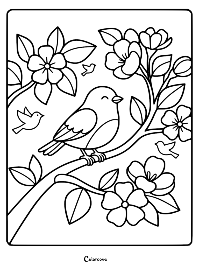A cute bird coloring page featuring a small bird perched on a branch surrounded by large five-petaled flowers and tiny flying birds.