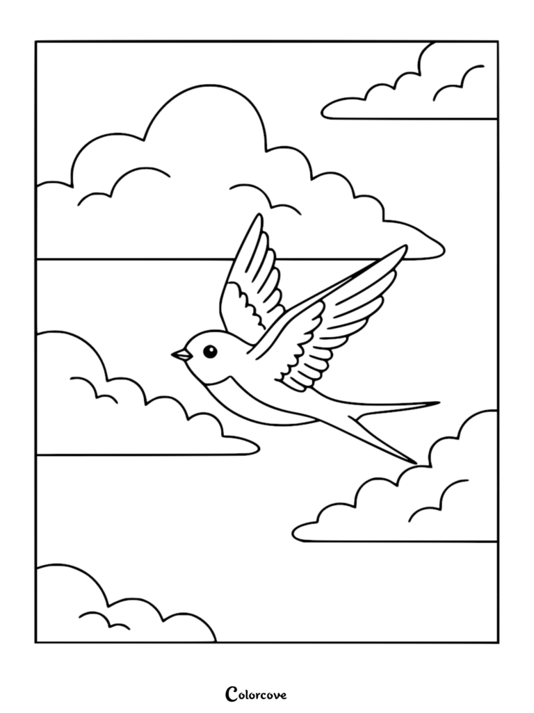 A detailed line art coloring page of a cute swallow flying through a sky filled with large fluffy clouds.