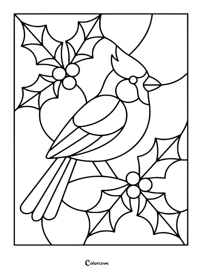 Intricate stained glass style coloring page of a cardinal bird surrounded by sharp holly leaves and clusters of berries.
