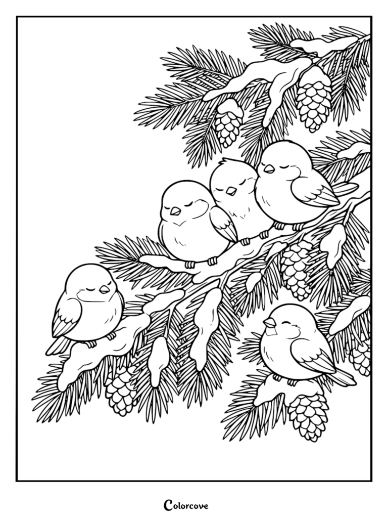 A detailed winter scene coloring page featuring five round little birds perched on snow-covered pine branches with pinecones.