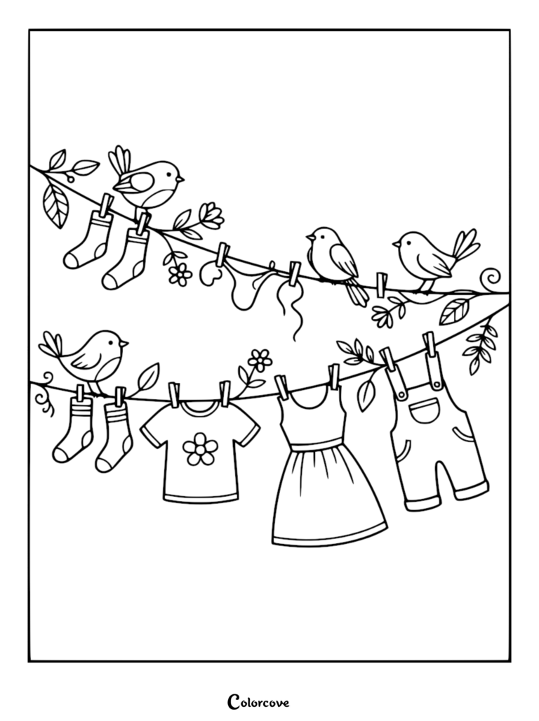 Detailed coloring page of cute round birds perched on clotheslines with hanging socks, a flower t-shirt, dress, and overalls.