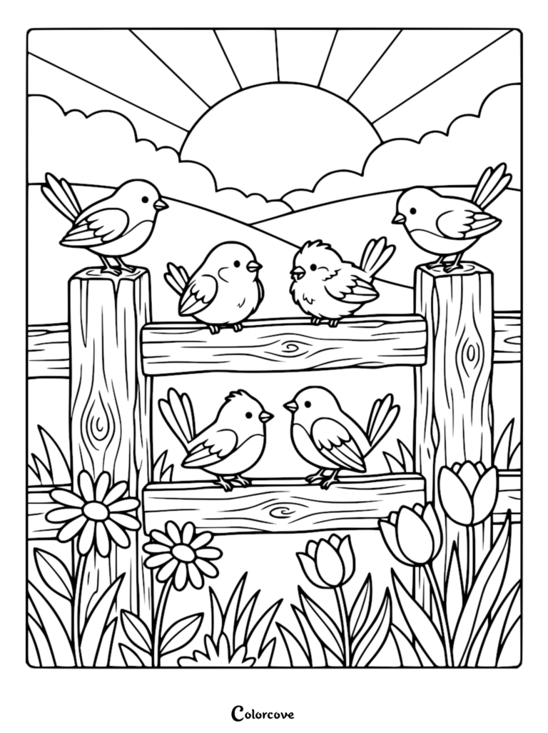 A detailed coloring page featuring six cute, round birds perched on a rustic wooden fence surrounded by daisies and tulips under a morning sun.