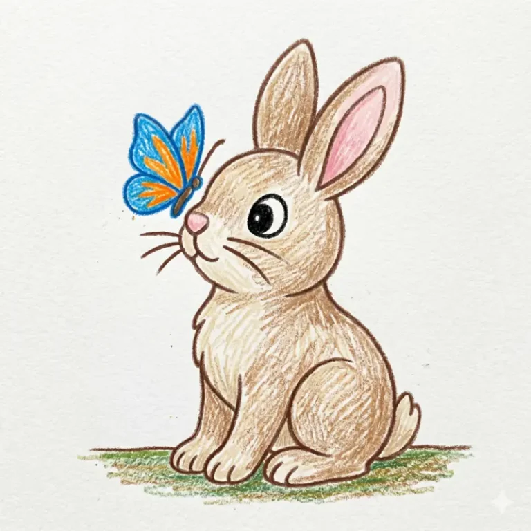 A cute bunny sitting on the grass with a blue and orange butterfly on its nose in this printable coloring page.