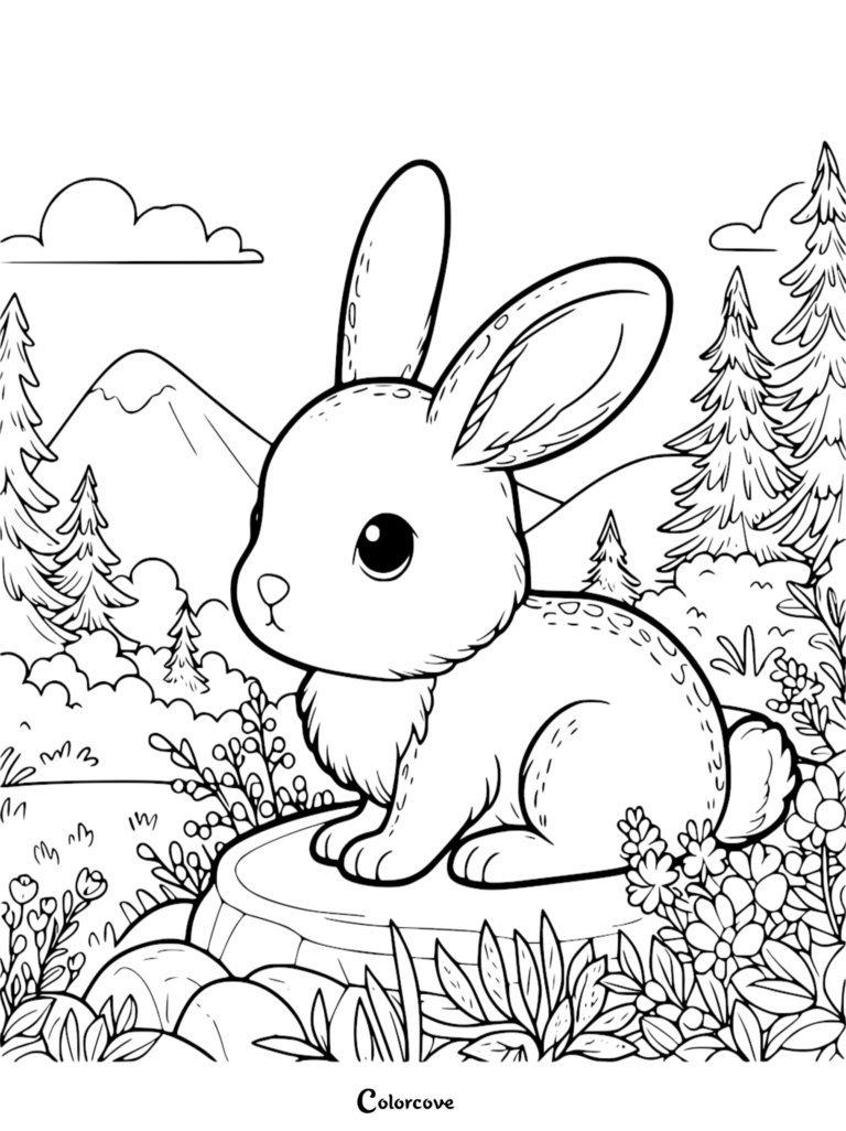 A cute bunny sitting on a tree stump in a forest, coloring page featuring mountains and pine trees in the background.