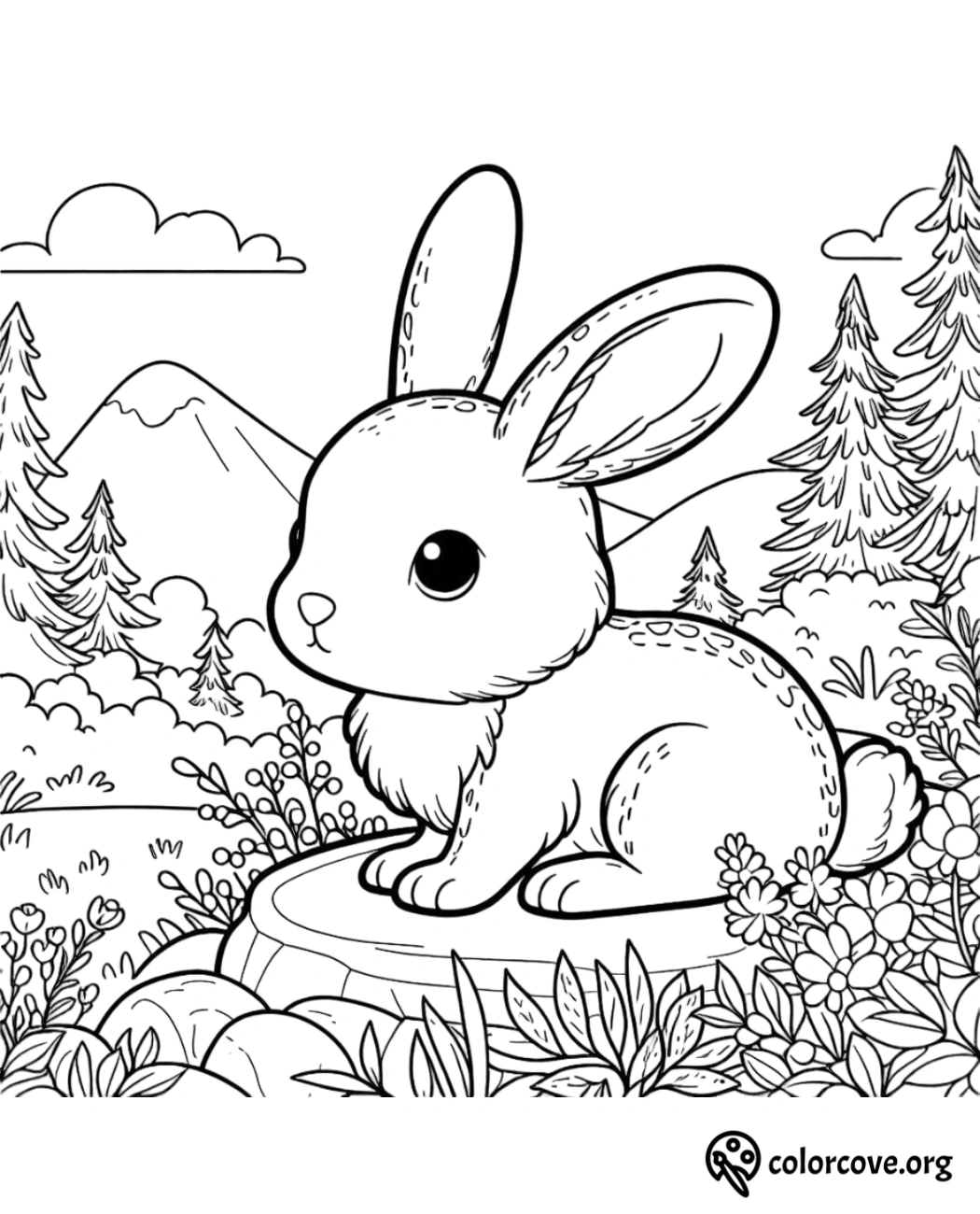 a rabbit sitting on a stump in a forest