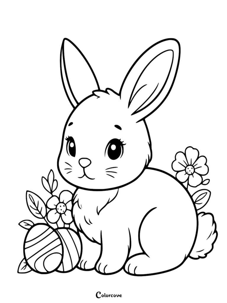 A cute bunny sitting next to a decorated Easter egg and flowers in this printable coloring page.
