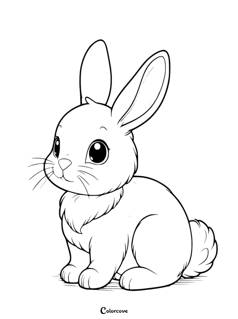 A simple black and white line art coloring page featuring a cute bunny with large expressive eyes and long ears sitting upright.