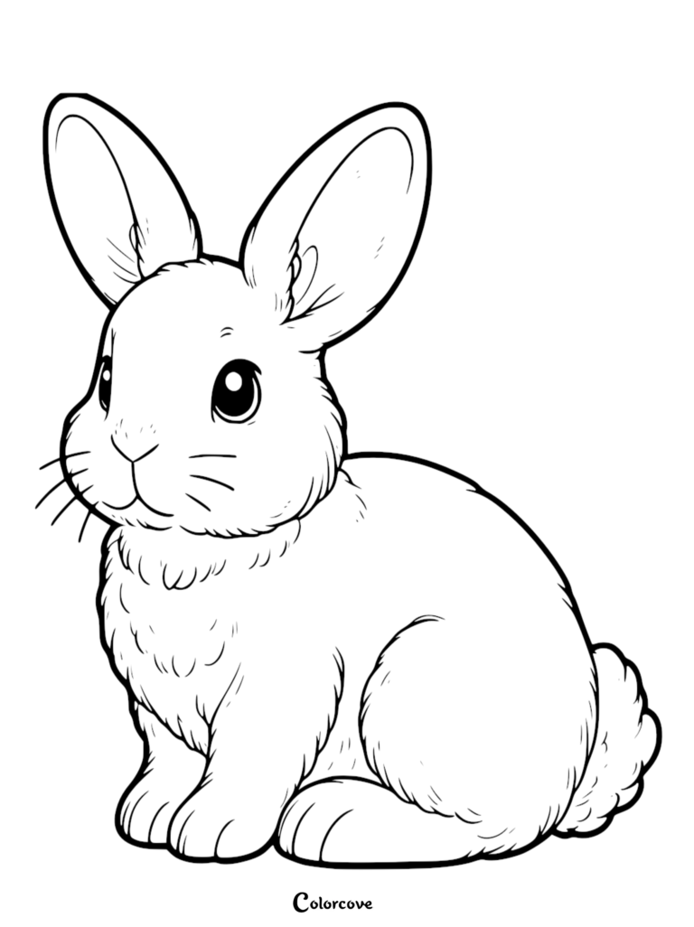 A simple line art coloring page of a cute bunny sitting upright with large ears and a fluffy tail.