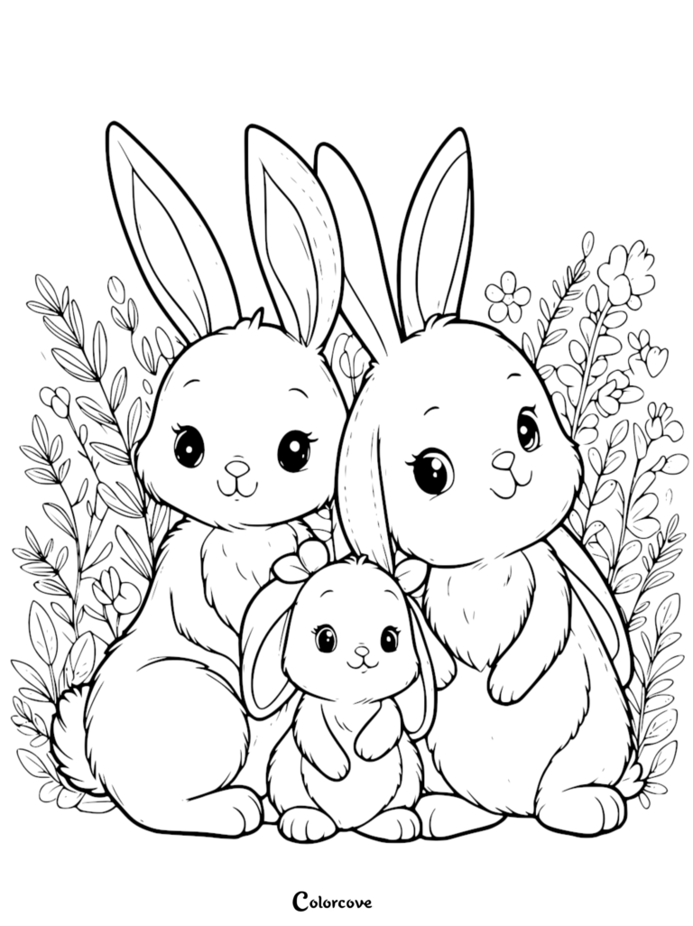A cute bunny family coloring page featuring two adult rabbits and a small baby bunny with a bow sitting together in a field of flowers.