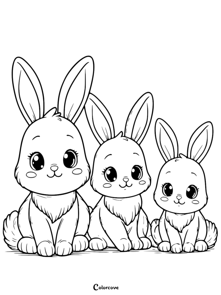 Three adorable bunnies of varying sizes sitting side by side in a simple line art coloring page style.