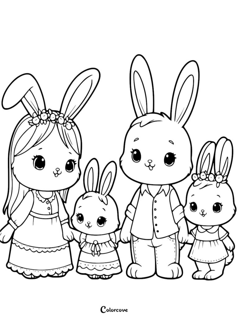 A cute bunny family of four holding hands, featuring parents and two children in a line art coloring page style.