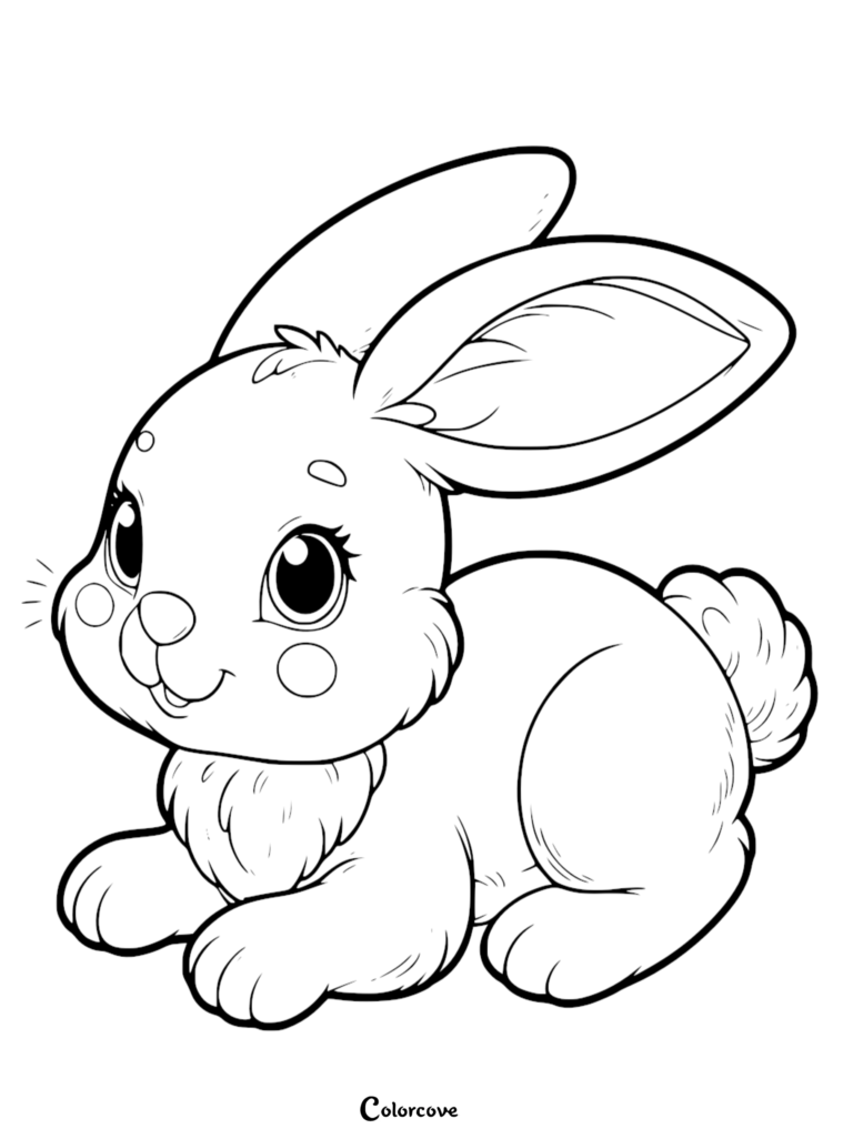 A cute bunny with large expressive eyes and rosy cheeks in a simple line art coloring page style.