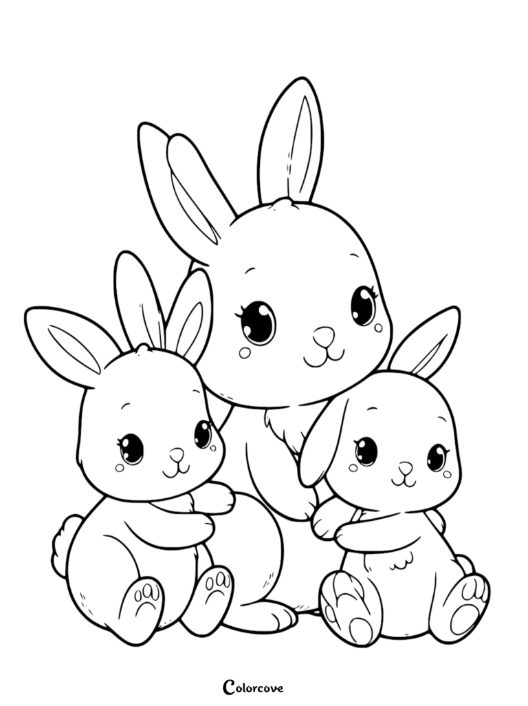 A cute bunny mother sitting with two small baby bunnies in a line art coloring page style.