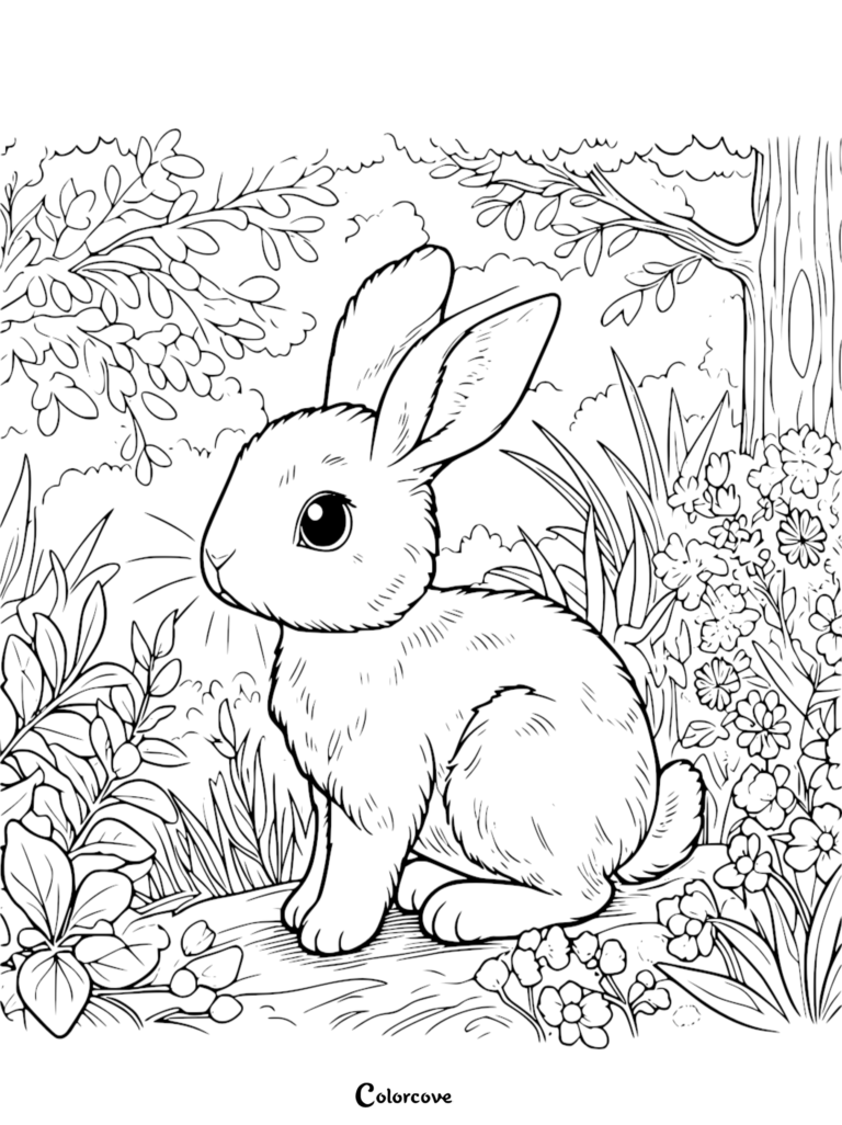 A cute bunny sitting in a lush garden with flowers and trees, detailed line art coloring page.