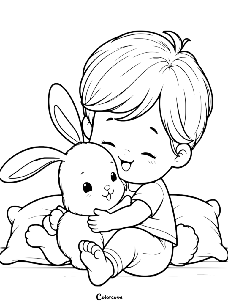 A happy young boy with short hair hugging a cute bunny on a soft pillow in this printable coloring page.