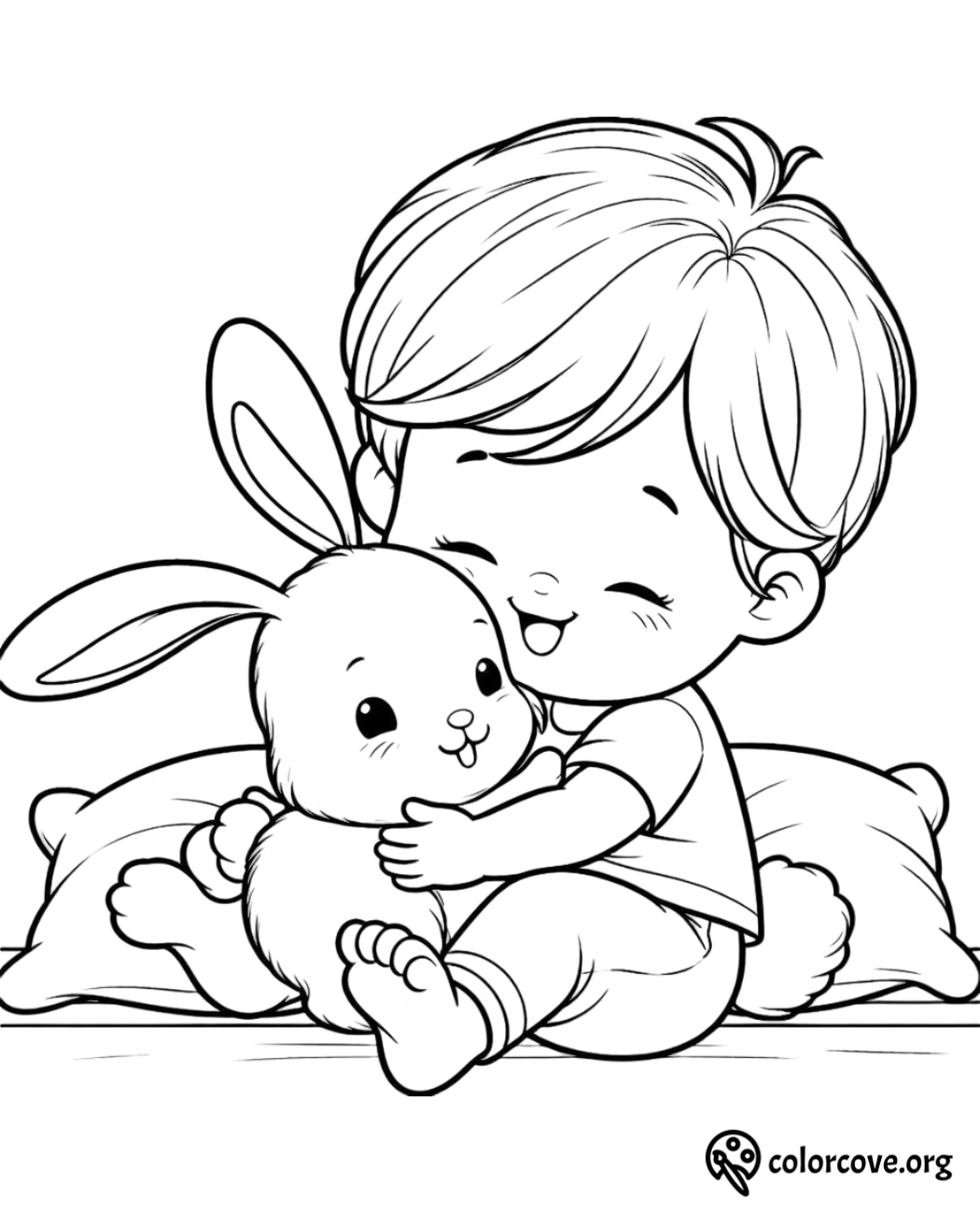 a cartoon of a boy hugging a toy