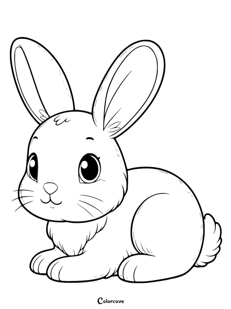 A simple line art coloring page of a cute bunny sitting with large expressive eyes and long ears.