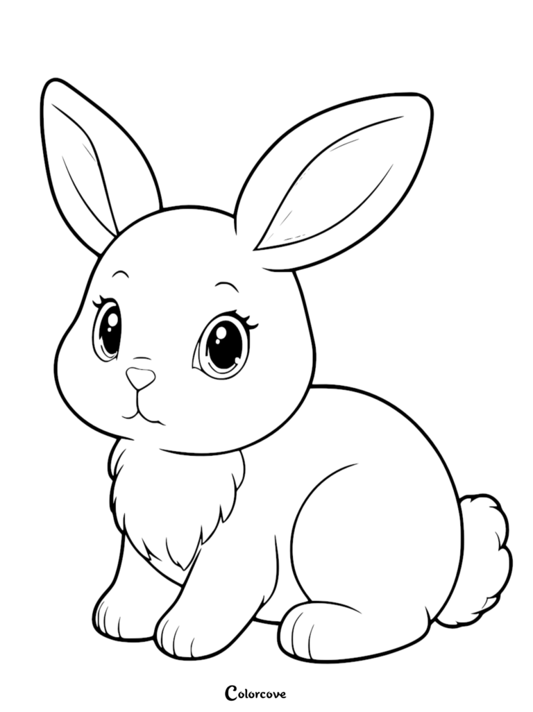 A simple line art coloring page of a cute bunny sitting with large expressive eyes and fluffy chest fur.