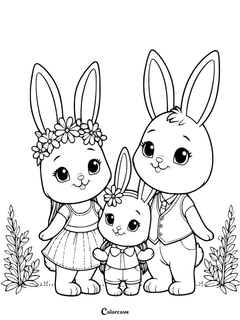 A cute bunny family coloring page featuring a mother wearing a flower crown, a father in a vest, and their small child standing together.