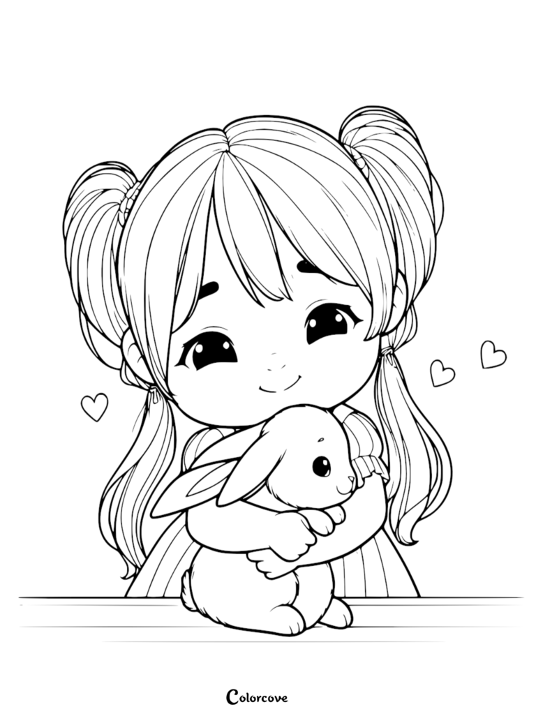 A young girl with twin pigtails gently hugging a small, adorable bunny in this printable coloring page.