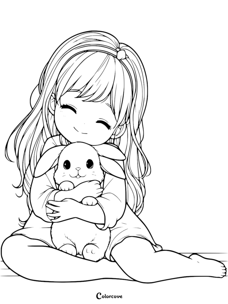 A young girl with long hair smiling while holding a cute bunny in this printable coloring page.