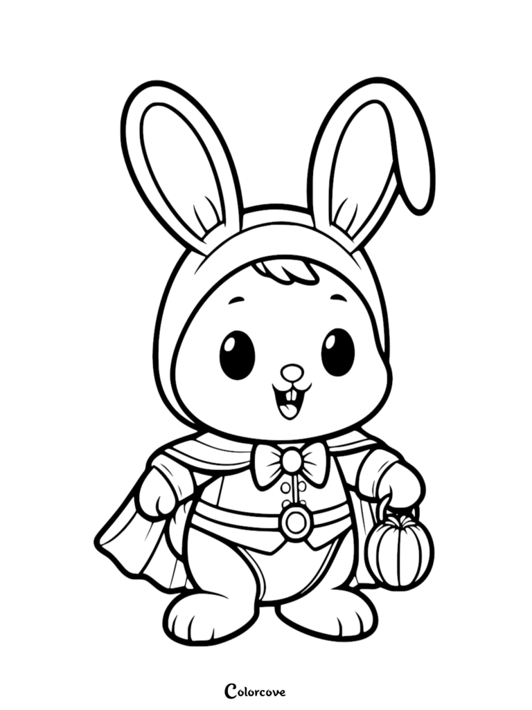 A cute bunny wearing a vampire cape and hood holding a small pumpkin bucket in this printable coloring page.