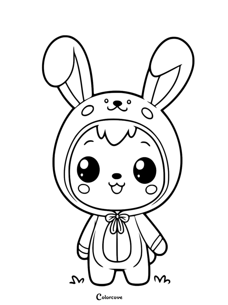 A cute chibi character wearing a bunny onesie with long ears and a bow tie, line art coloring page.