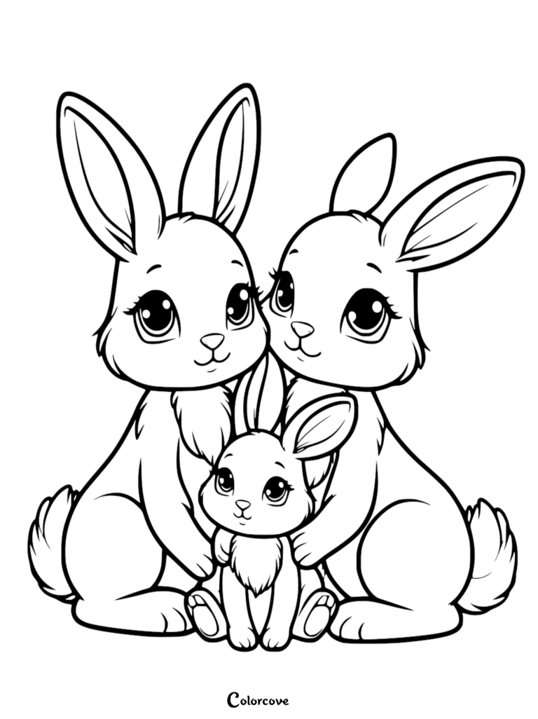 A cute bunny family coloring page featuring two adult rabbits hugging a small baby bunny with large expressive eyes.