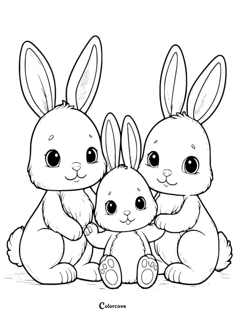 A cute bunny family coloring page featuring two adult rabbits standing on either side of a small baby bunny.