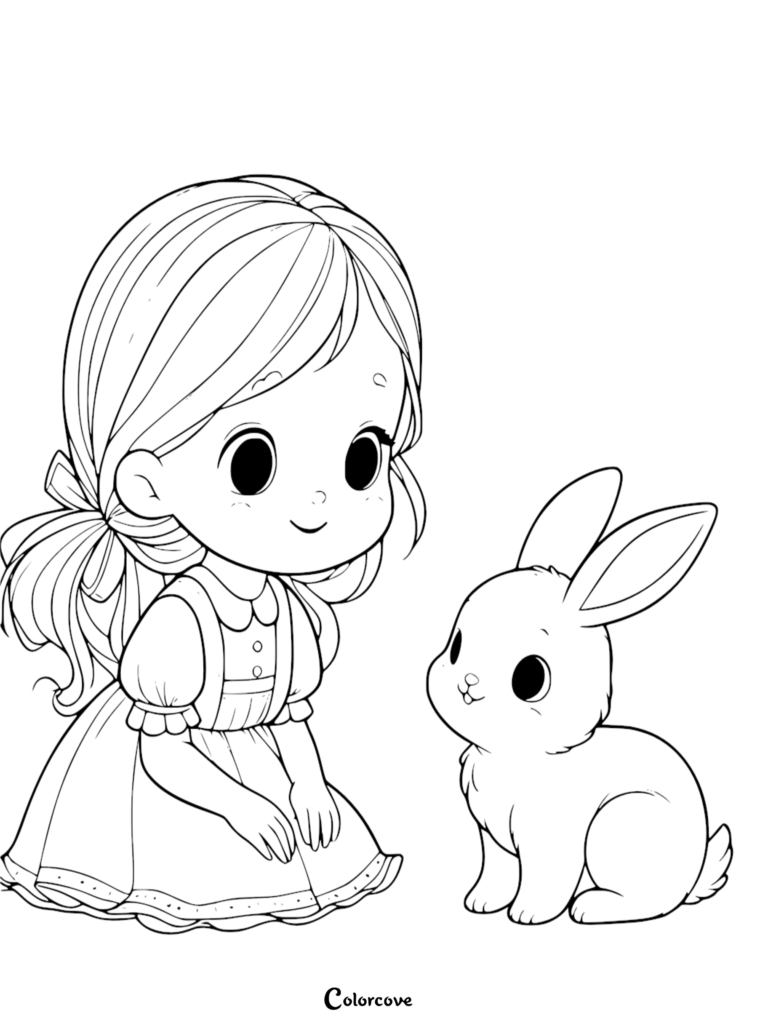 A young girl with a ponytail wearing a dress kneeling beside a cute bunny in this printable coloring page.
