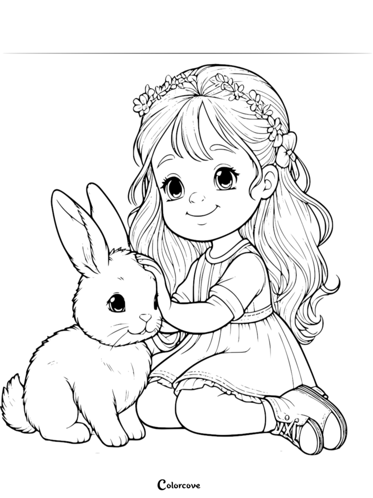 young girl gently pets a cute bunny rabbit.