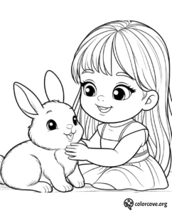 a cartoon of a girl petting a bunny