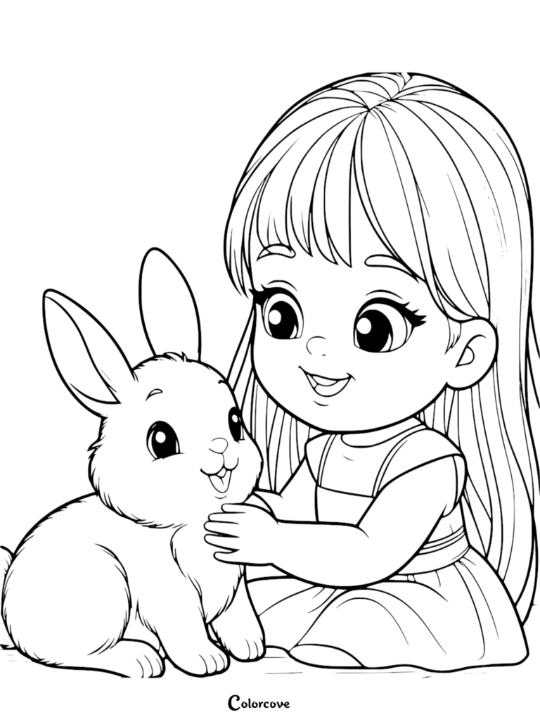 happy girl gently pets her cute pet bunny.