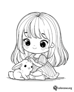 a cartoon girl petting a rabbit