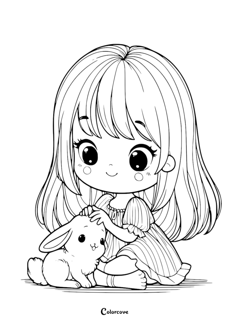 A cute anime-style girl with long hair petting a small fluffy bunny in this printable coloring page.