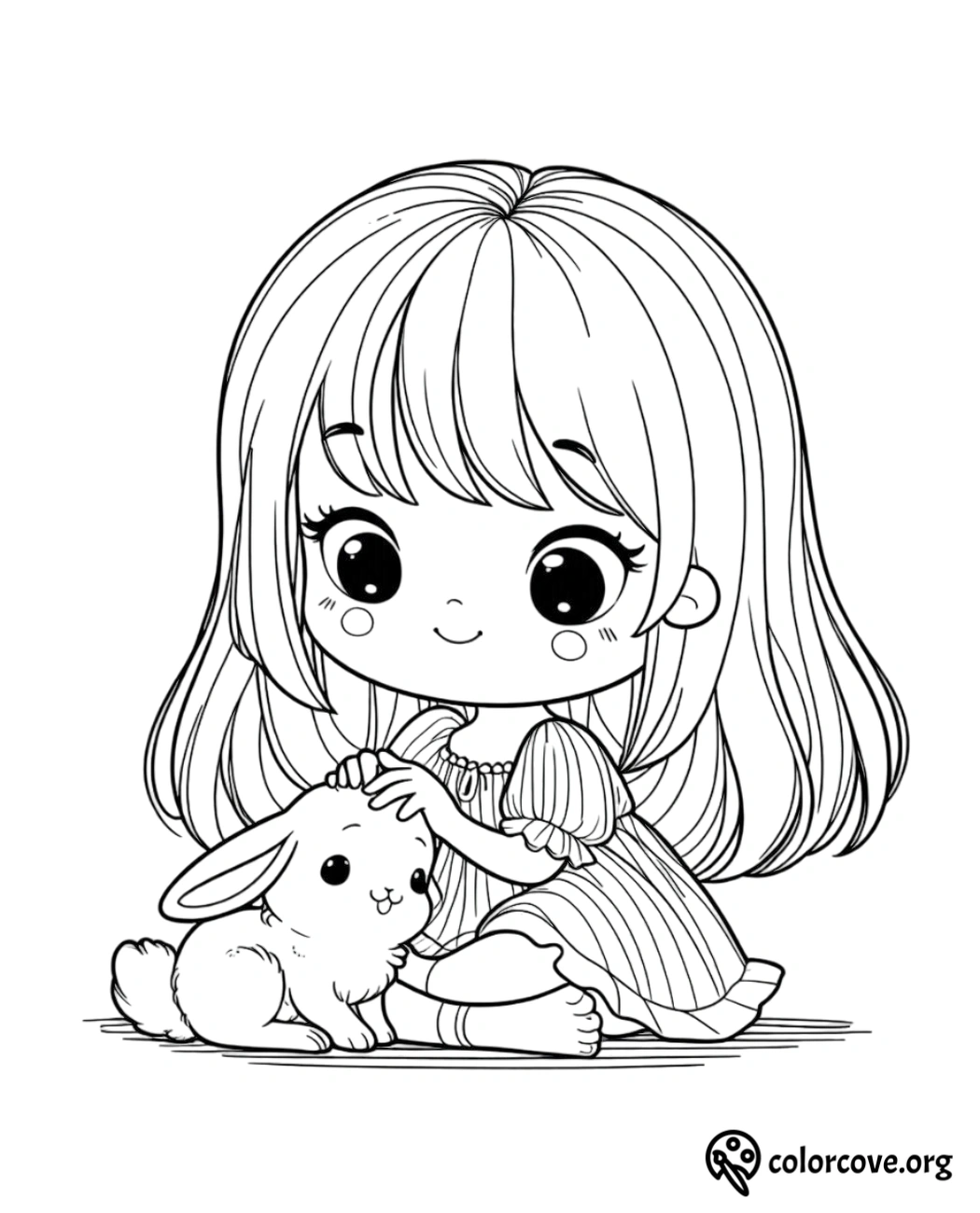 a cartoon girl petting a rabbit