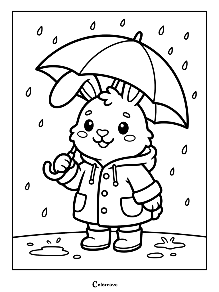 A cute bunny wearing a raincoat and boots holding an umbrella in the rain, printable coloring page.