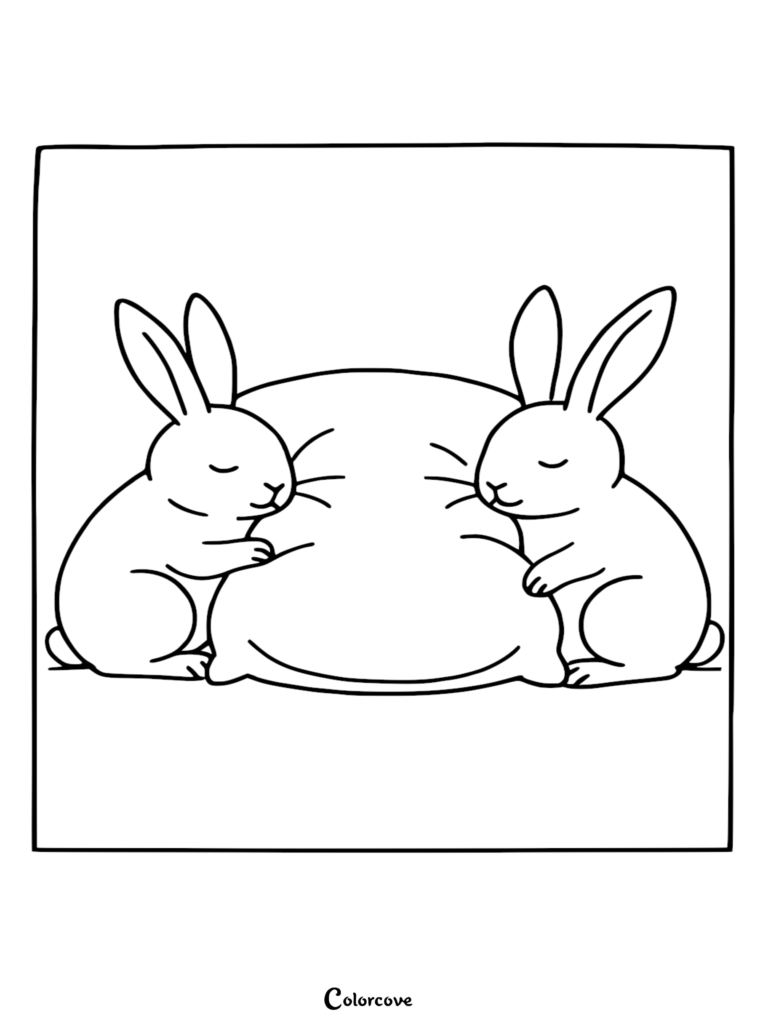 Two cute bunnies with closed eyes cuddling a soft pillow in this printable coloring page.