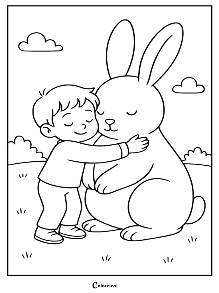 A young boy with short hair giving a warm hug to a large, peaceful bunny in a grassy field, printable coloring page.