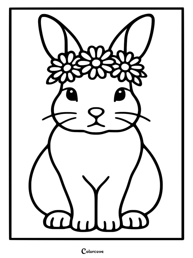 A simple line art coloring page of a cute bunny wearing a daisy flower crown on its head.