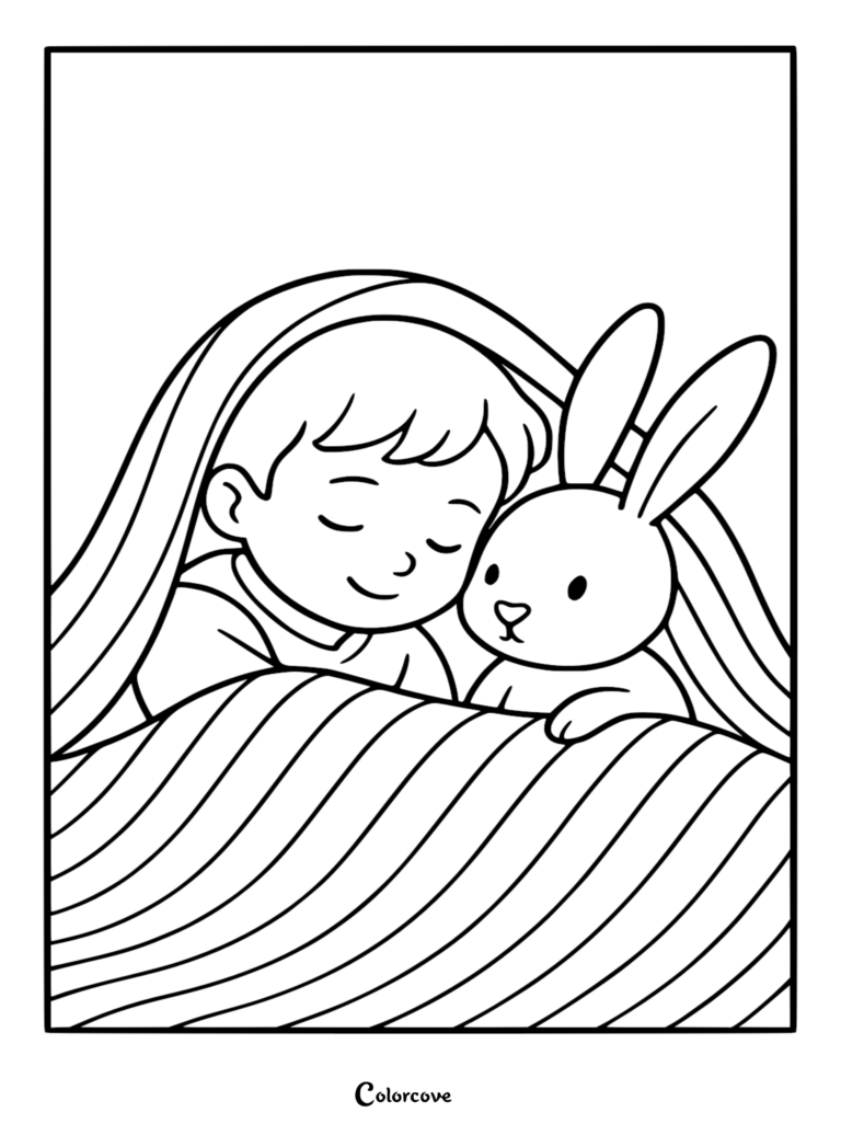 A child sleeping peacefully under a blanket with a cute bunny, line art coloring page.