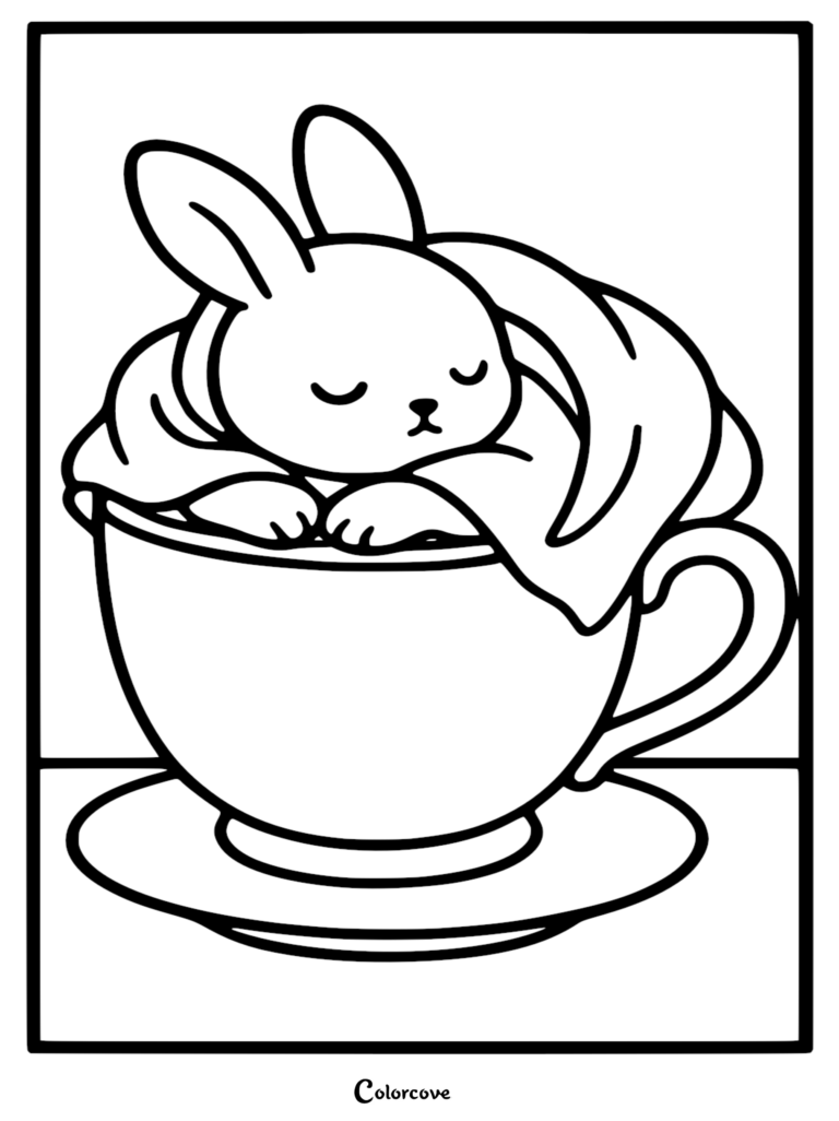 A cute bunny sleeping peacefully wrapped in a blanket inside a teacup coloring page with clean bold lines.