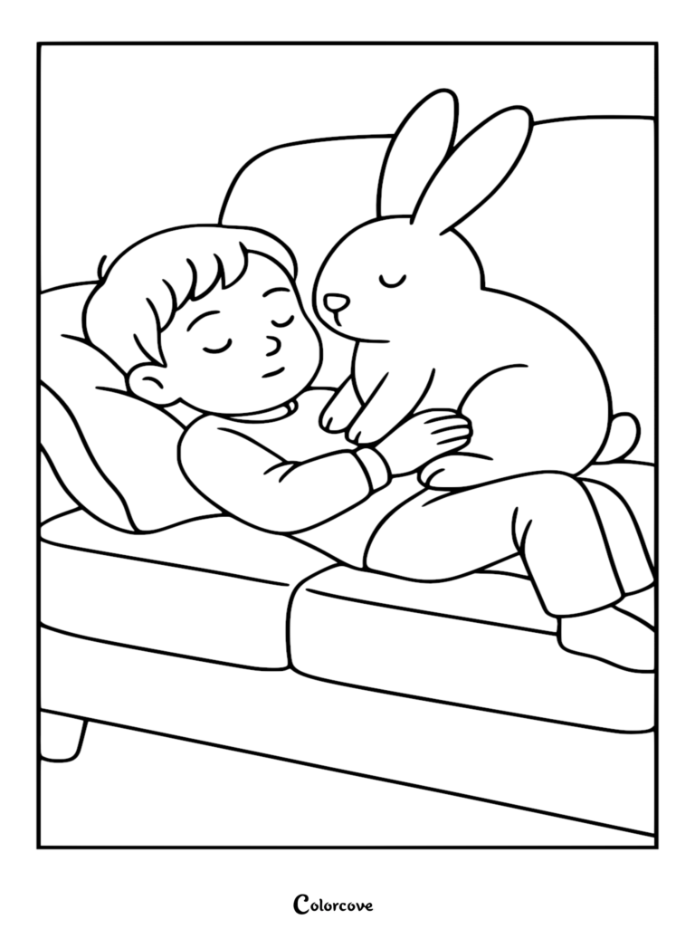 A young boy sleeping peacefully on a couch while holding a cute bunny in this printable coloring page.
