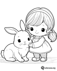 a cartoon of a girl petting a rabbit