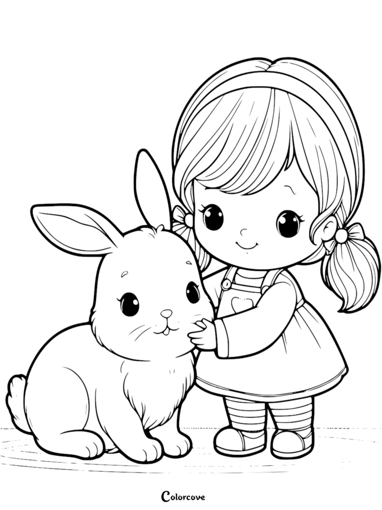 A young girl with pigtails wearing a dress hugging a fluffy bunny in this printable coloring page.