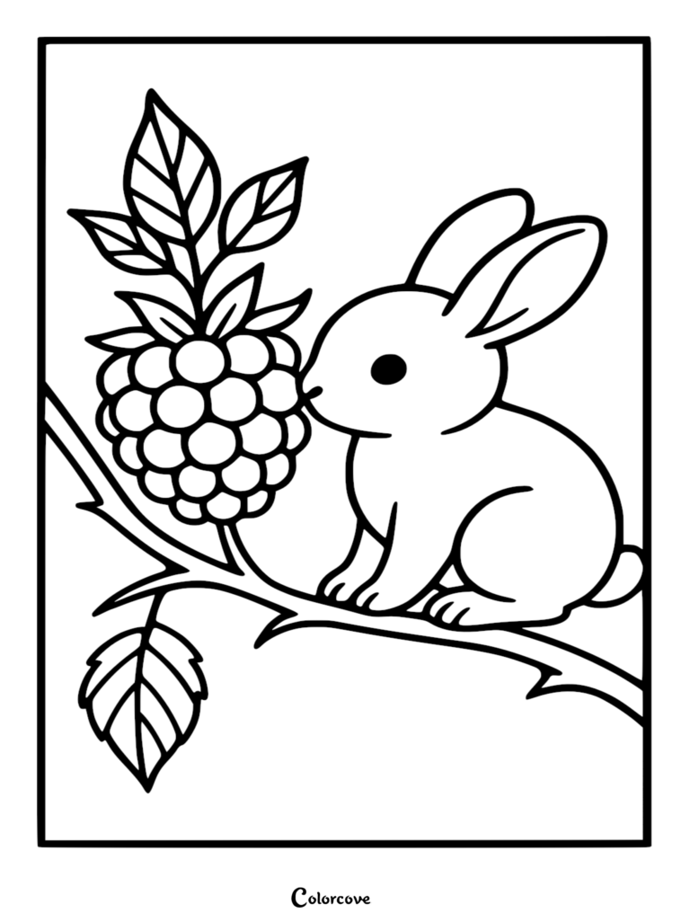 A cute bunny sitting on a thorny branch sniffing a large raspberry in this printable coloring page.